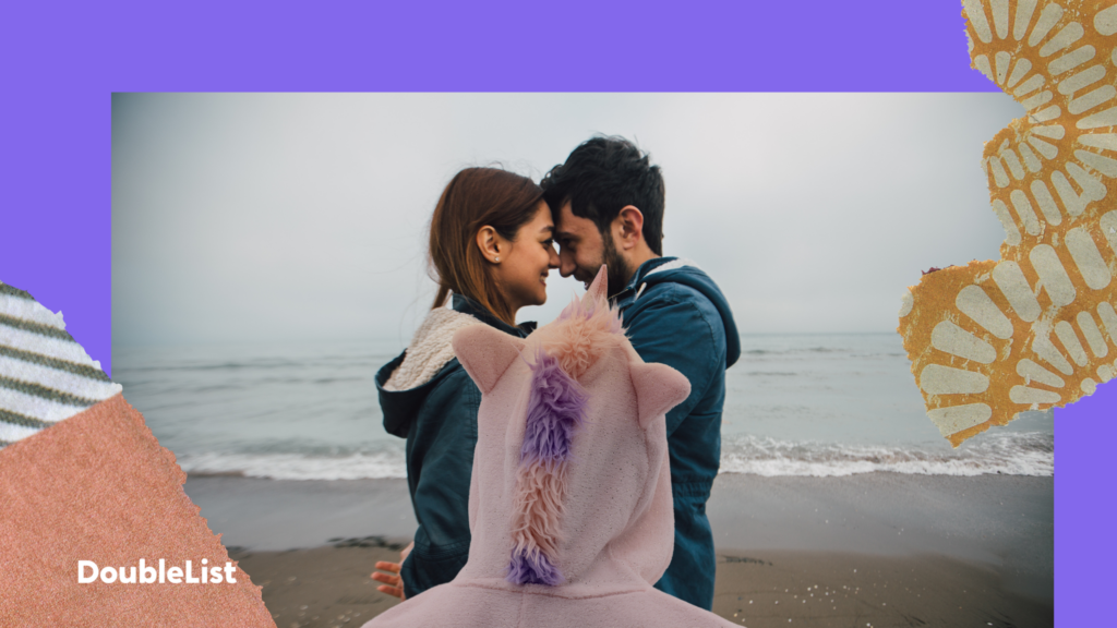 DoubleList graphic of a person in a unicorn onesie watching a man and woman hugging, symbolizing couples looking for a third.