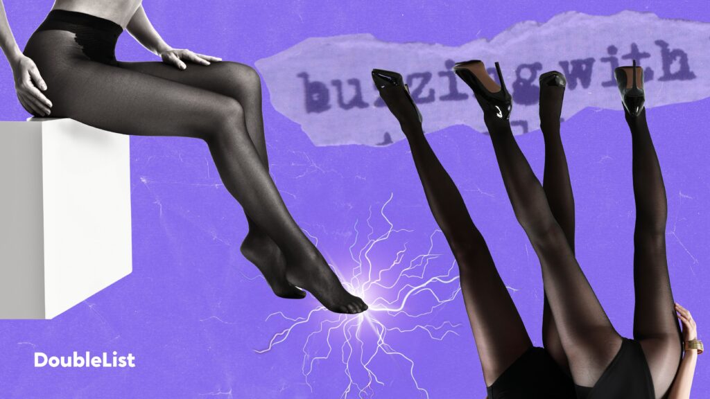 DoubleList graphic of women from the waist down wearing black pantyhose and heels on a purple backdrop.