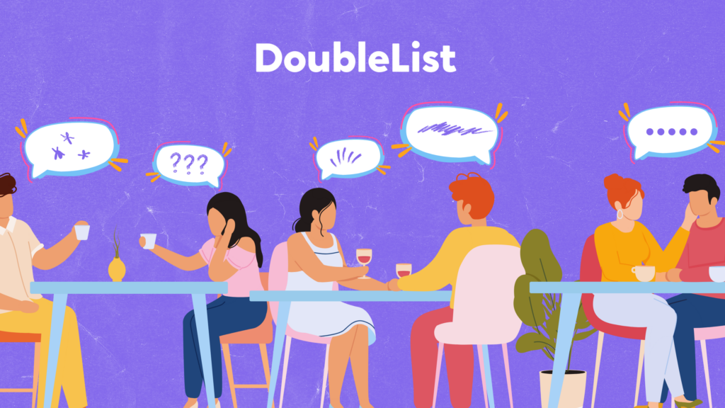 DoubleList animated graphic of three couples dating in a busy cafe.