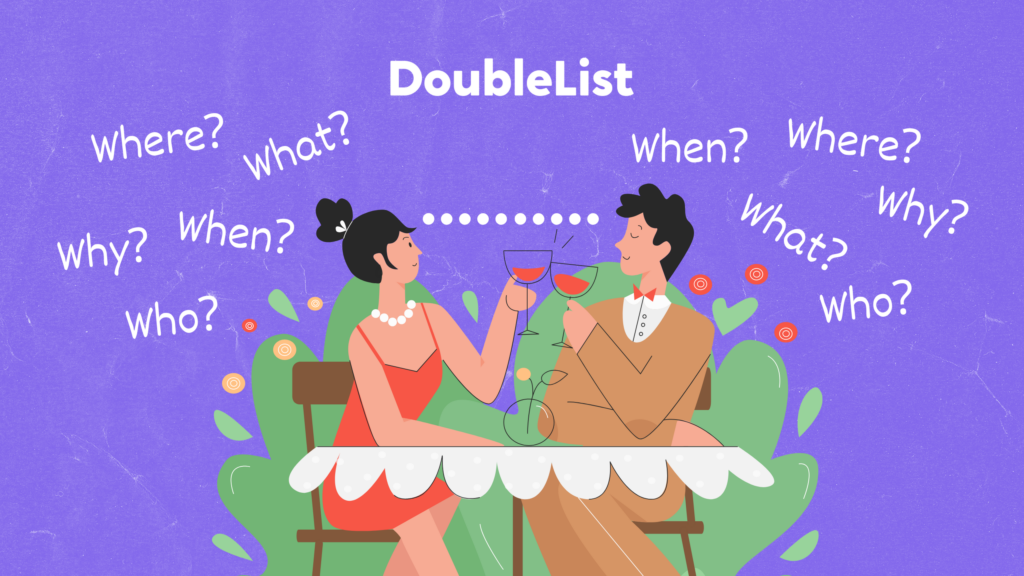 DoubleList graphic of a couple seated on a table toasting with red wine.