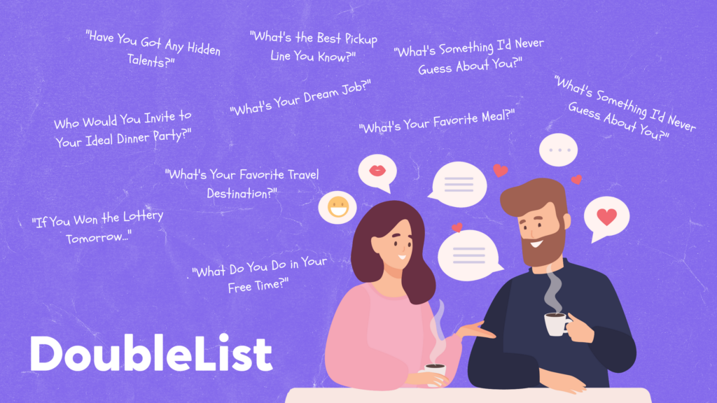 DoubleList animated graphic of a man and a woman having a conversation over a cup of coffee.