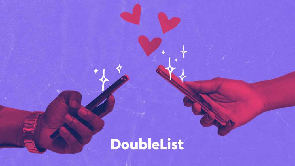 DoubleList graphic of two people exchanging romantic messages.