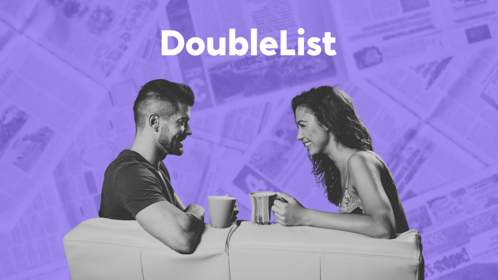 DoubleList graphic of a couple sitting on the couch laughing over coffee.