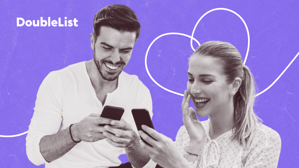 DoubleList graphic of a man and a woman laughing while reading text messages in their cellphones.
